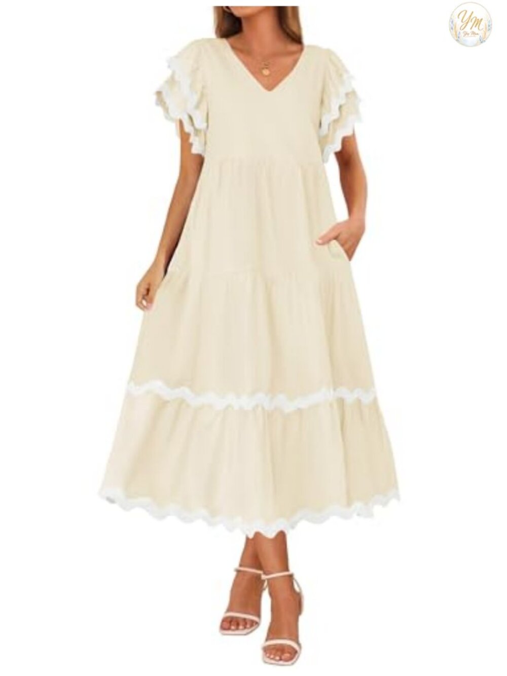 ZESICA Women's Flutter Short Sleeve Midi Dress V-Neck A-Line Ruffle Tiered